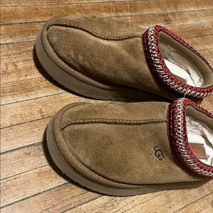 UGG Brown Suede Slippers with Red Accents